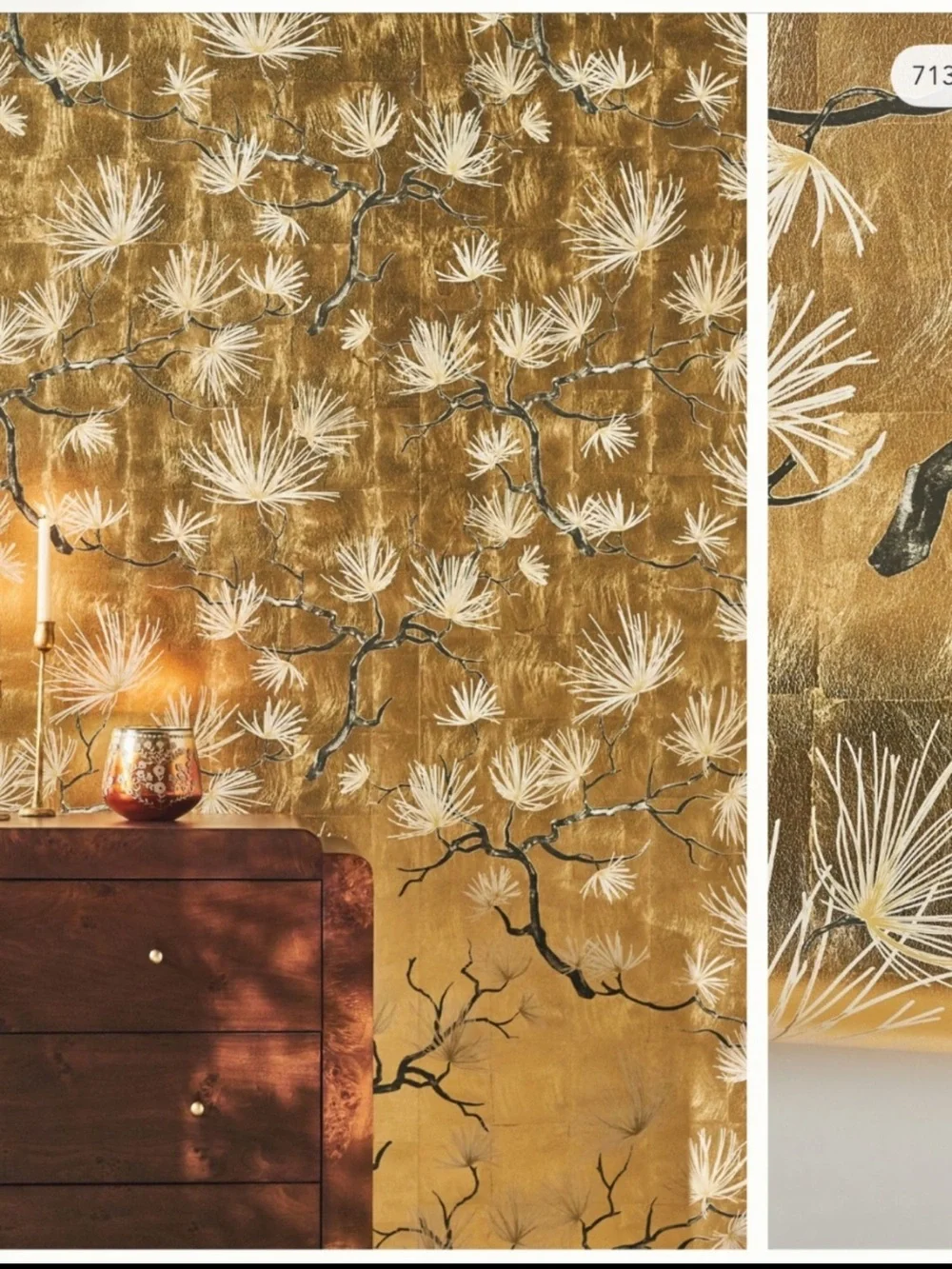 New Anthropologie Bonsai Floral Gold Leaf Wallpaper